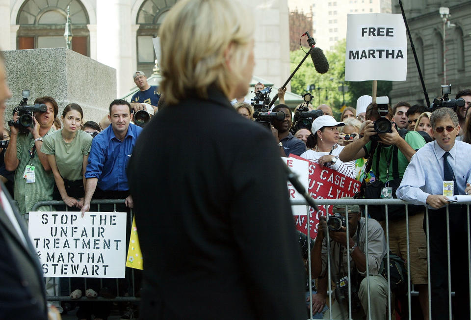 Stewart addressing the media and her supporters after being sentenced to prison in July 2004.