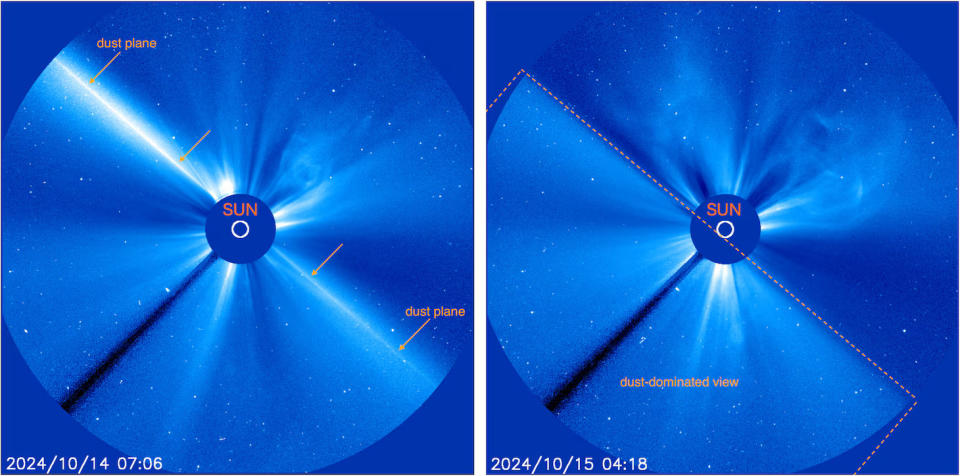 two views of a coronagraph showing a dust trail from a comet