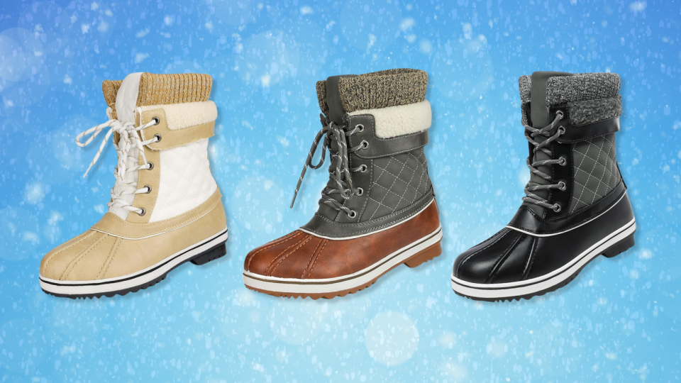 Snow boots in three different colors and patterns.