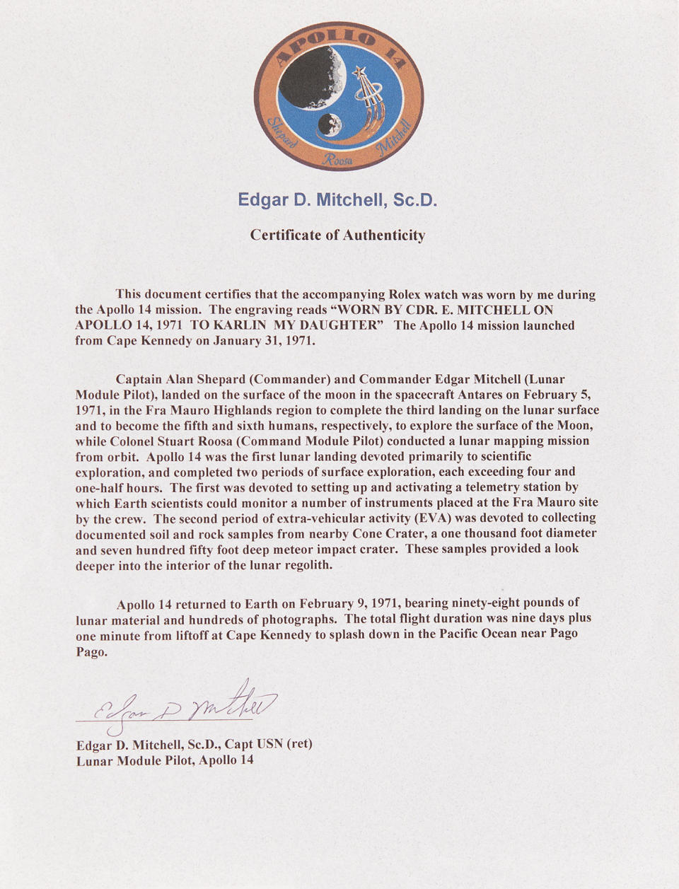 a typewritten letter signed by apollo astronaut edgar mitchell