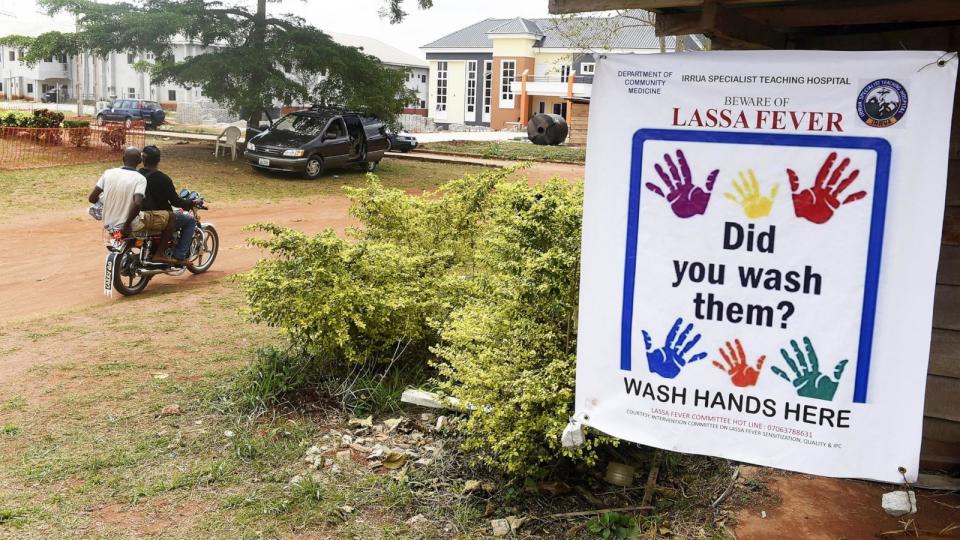 PHOTO: In this March 6, 2018, file photo, a sign about Lassa fever is displayed at the Institute of Lassa Fever Research and Control in Irrua Specialist Teaching Hospital in Irrua, Edo State, Nigeria. (Pius Utomi Ekpei/AFP via Getty Images, FILE)