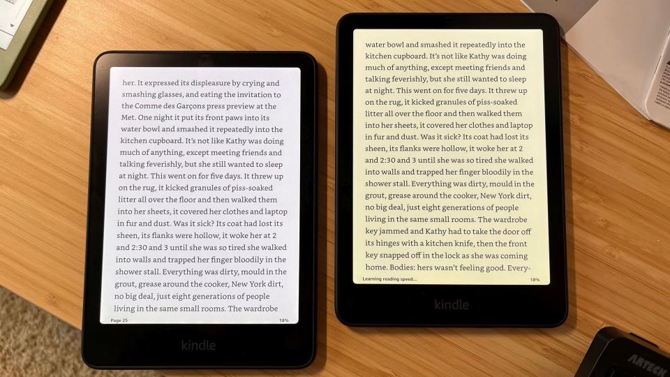 The Colorsoft (left) has a whiter, but also slightly bluer, cast than the Paperwhite. But this photo (with both e-readers set to maximum brightness) isn't perfect; it makes the Paperwhite's screen look more yellow, which it's not. The key takeaway here is, the two screens are different, though it's hard to say one is better than the other. (Rick Broida/Yahoo)