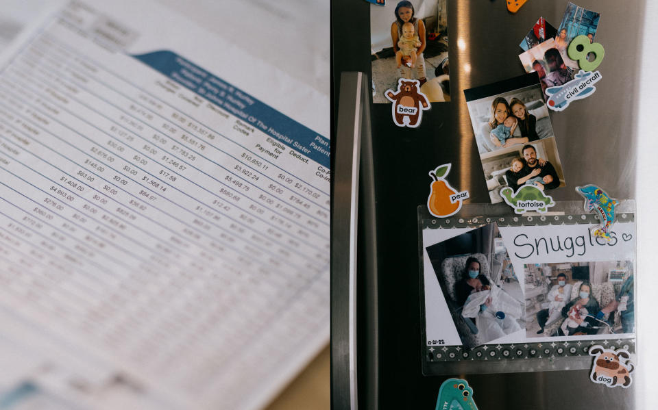 Photos from the hospital are pinned to the fridge at the Hurley house. (Bryan Birks for NBC News)