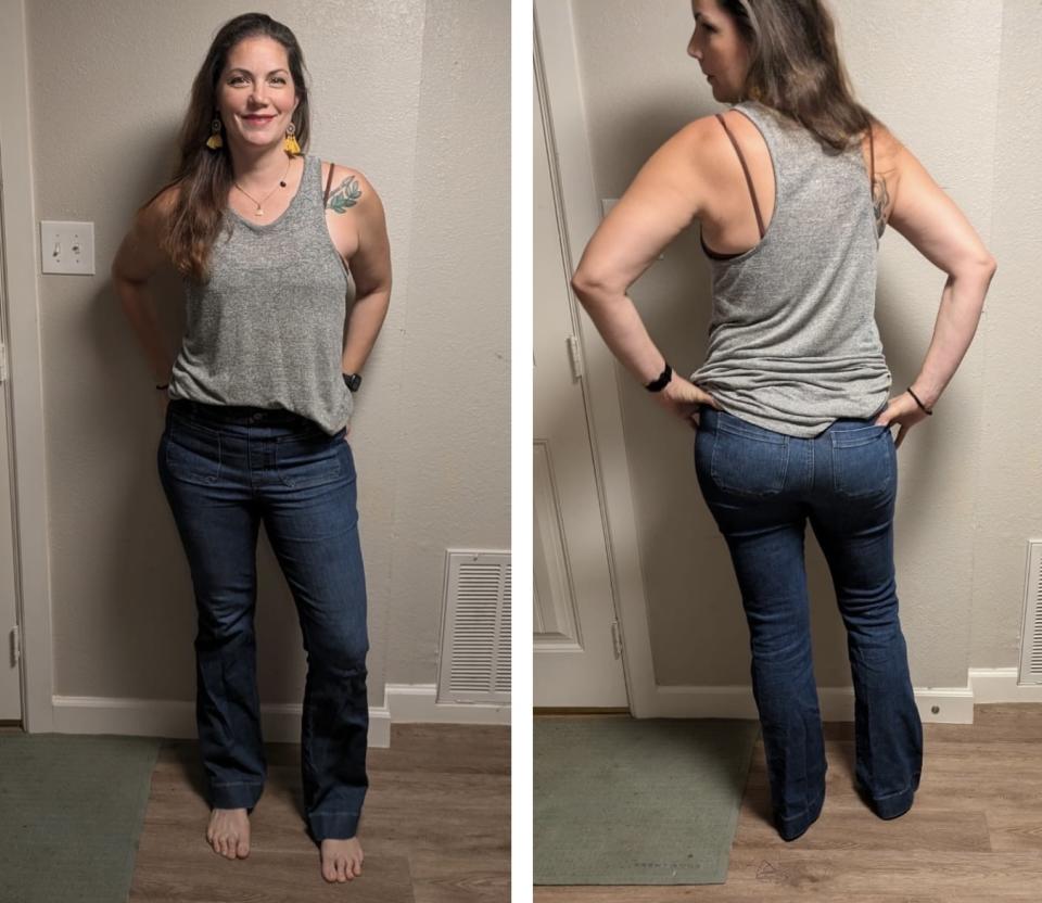 Laura is wearing the SpanxSshape EveryWear Flare Jeans with Patch Pockets in Large.