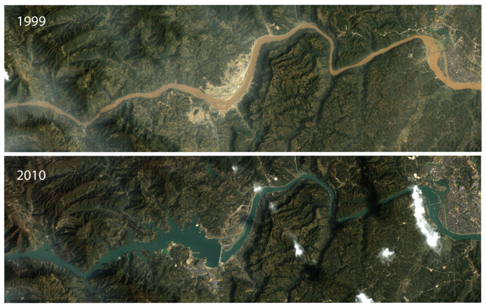 two views of a river by satellite. the top view shows a lot of sediment in the river. the bottom view shows a clear river without sediment