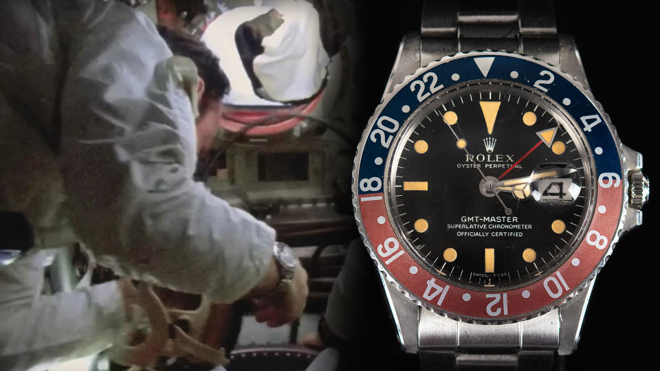  Closeup of a rolex watch with a black face and blue and red rim, next to a photo of an astronaut aboard a spacecraft. 