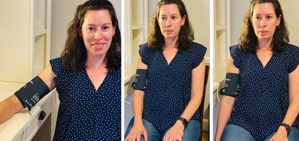 For an accurate reading, the arm should be resting on a surface or tabletop.  (Dr. Tammy Brady / Johns Hopkins School of Medicine)