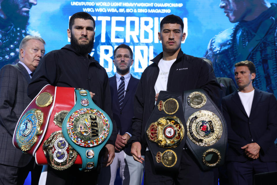 LONDON, ENGLAND - SEPTEMBER 25: Artur Beterbiev (left) and Dmitry Bivol ( right) at the end of a press conference on September 25, 2024 in London, England.  (Photo by Mark Robinson/Matchroom Boxing/Getty Images)