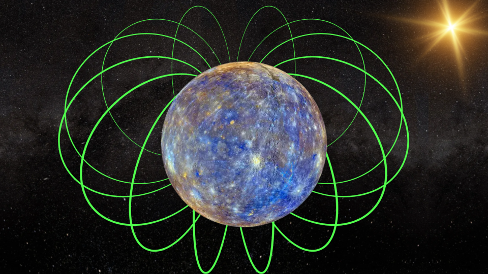  A silver and blue sphere surrounded green loops representing magnetic field lines. 