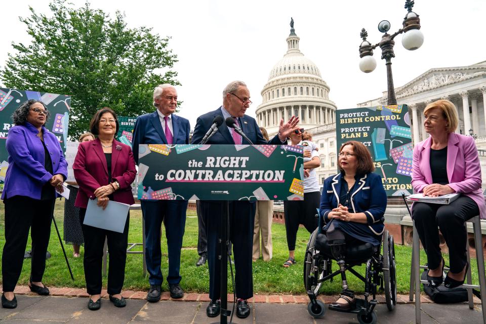 WASHINGTON, DC - JUNE 5: Senate Majority Leader Chuck Schumer (D-NY) spoke during a news conference on the Right to Contraception Act outside the U.S. Capitol on June 5, 2024 in Washington, DC.