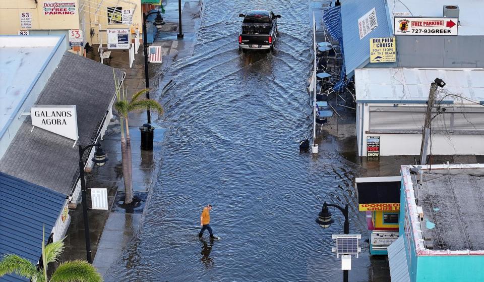 PHOTO: Flood waters inundate the main street after Hurricane Helene passed offshore on Sept. 27, 2024, in Tarpon Springs, Fla. (Joe Raedle/Getty Images)