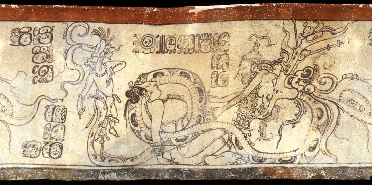 A drawing showing a reclining god-like figure with a large snake around him.