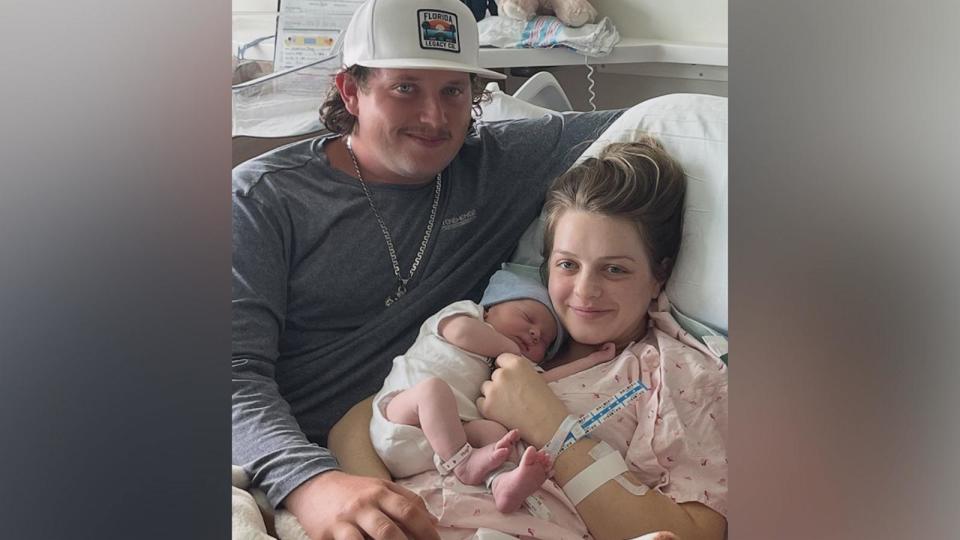 PHOTO: Kenzie Lewellen and Dewey Bennett III welcomed their son Dewey Lester Bennett IV on Oct. 9, 2024 at Sarasota Memorial Hospital in Sarasota, Florida, as Hurricane Milton roared through the region. (Sarasota Memorial Hospital)