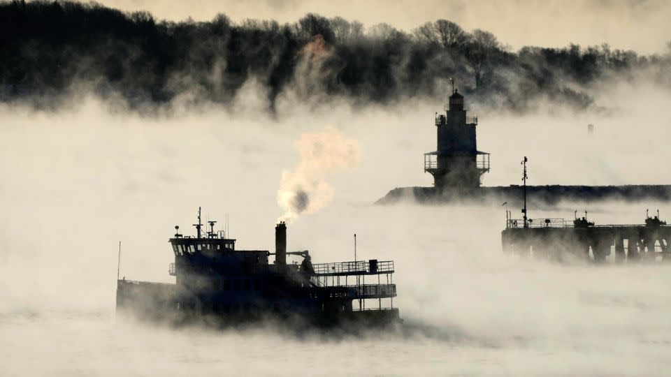 Sea smoke rises from the the Atlantic Ocean off the coast of South Portland, Maine, in February 2023. The morning temperature was about -10 degrees Fahrenheit. - Robert F. Bukaty/AP