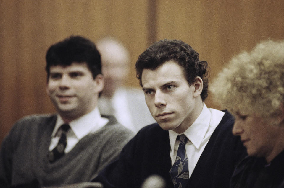 Lyle and Erik Menendez, here during a 1990 hearing, should be resentenced for murdering their parents, says Los Angeles County District Attorney George Gascón. 