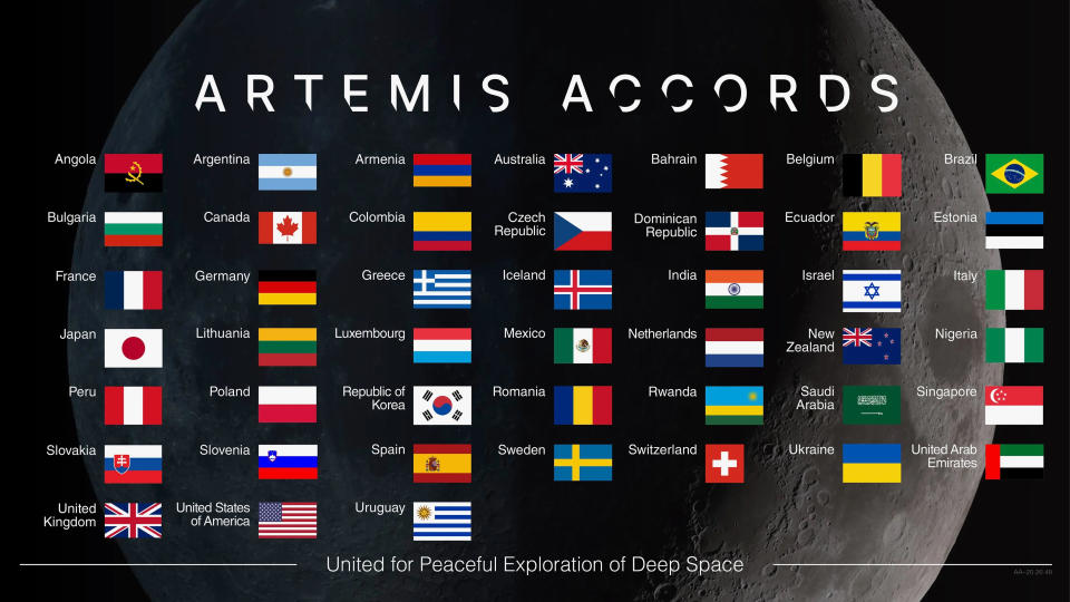  Graphic showing 45 small flags beneath the words "artemis accords," with the moon in the background. 