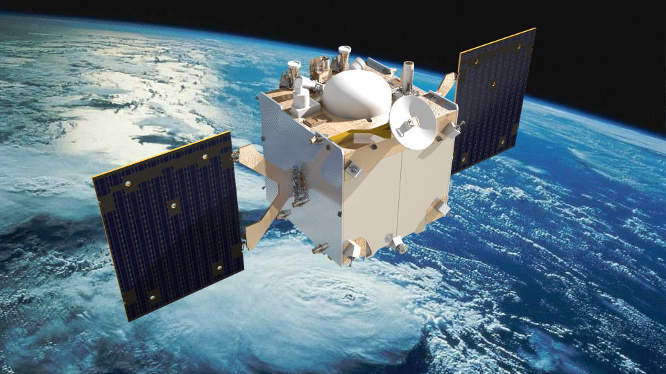 Illustration of a white, cubical spacecraft orbiting Earth.