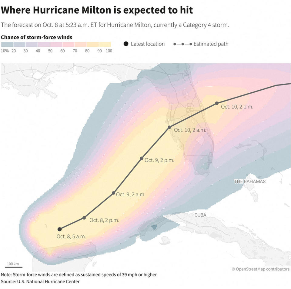 The expected path of Hurricane Milton. (Reuters)