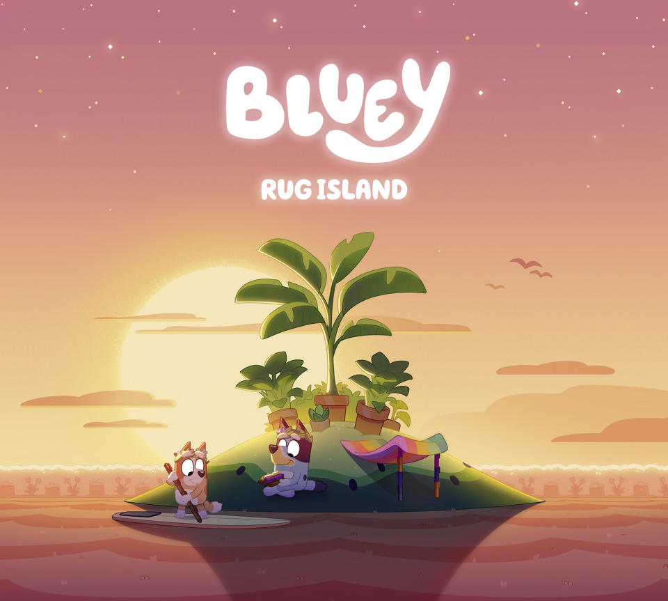 The album cover for Bluey: Rug Island shows Bluey and Bingo on a small tropical island.