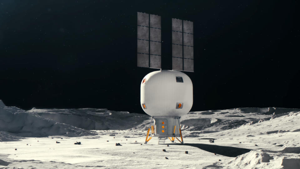  Artist's illustration of a white inflatable habitat on the moon. 