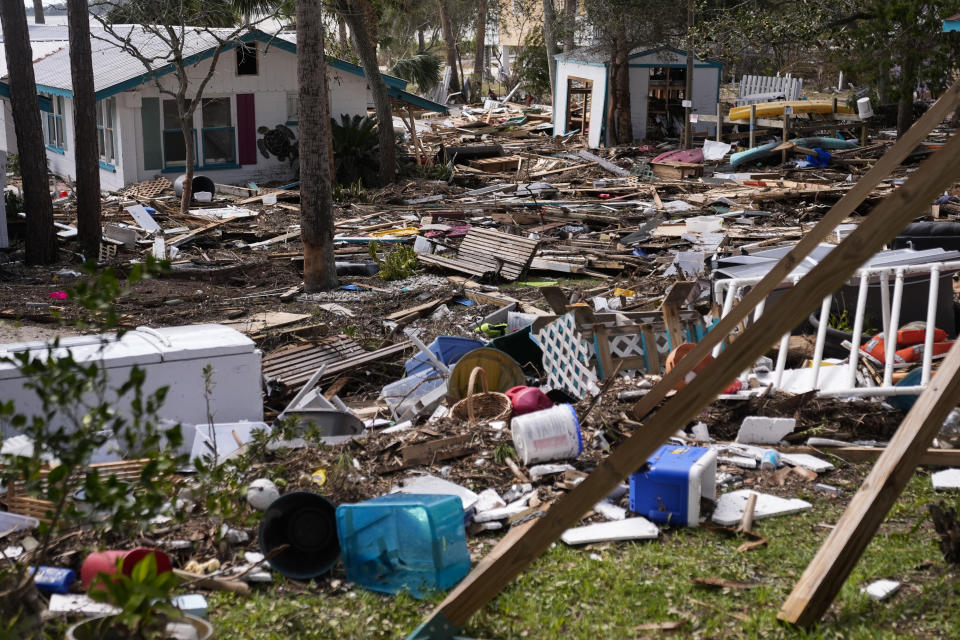 Destruction to the Faraway Inn Cottages and Motel is seen in the aftermath of Hurricane Helene, in Cedar Key, Fla., Friday, Sept. 27, 2024. (AP Photo/Gerald Herbert)