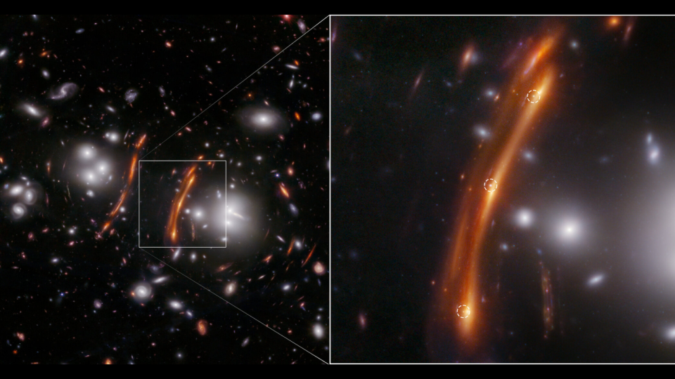  Two-panel image. In the left panel, dozens of small galaxies are scattered on the black background of space. Just to the left of the center, there is a long, red arc. At its left is a cluster of a few white galaxies that look like a glowing orb. To the right of the center, the red arc and glowing orb of galaxies at the left appear to be mirrored. The curved and distorted galaxy image on the right side is highlighted with a white box. Lines extend from the box’s corners to the right panel, which shows an enlarged view of the curved galaxy. Three faint points of light are circled. 