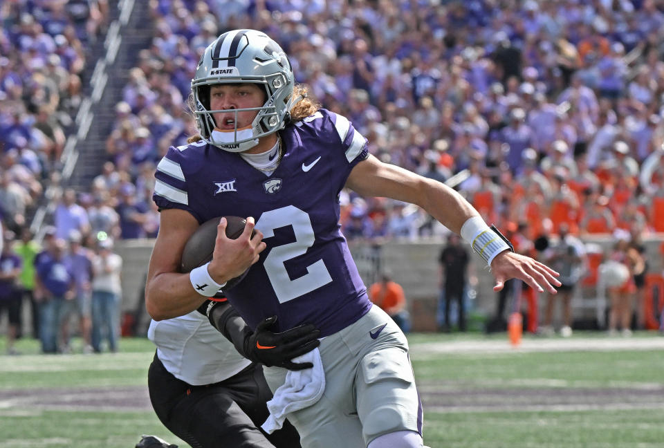 MANHATTAN, KS - SEPTEMBER 28:  Quarterback Avery Johnson #2 of the Kansas State Wildcats runs with the ball against the Oklahoma State Cowboys in the second half at Bill Snyder Family Football Stadium on September 28, 2024 in Manhattan, Kansas. (Photo by Peter G. Aiken/Getty Images)