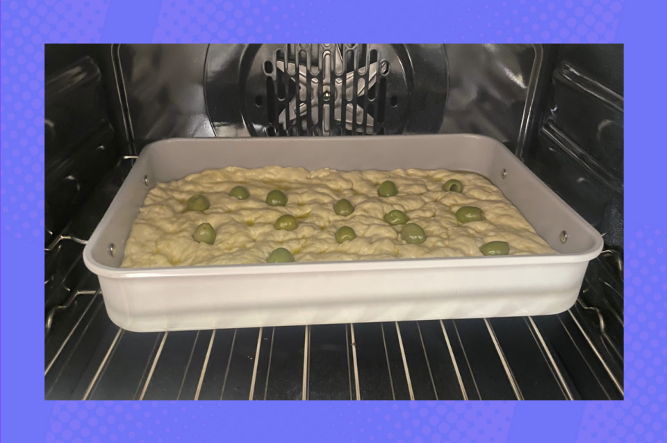 Focaccia is made using a King Arthur Focaccia Mix Kit (shown here baking in the oven).