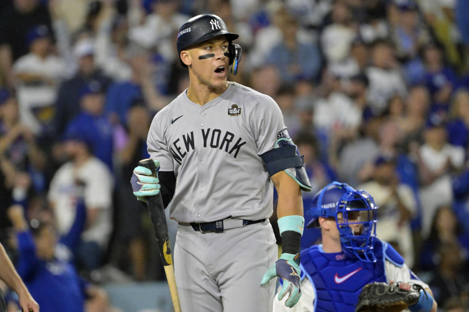 Oct 26, 2024; Los Angeles, California, USA; New York Yankees outfielder Aaron Judge (99) reacts after striking out in the ninth inning during game two of the 2024 MLB World Series at Dodger Stadium. Mandatory Credit: Jayne Kamin-Oncea-Imagn Images