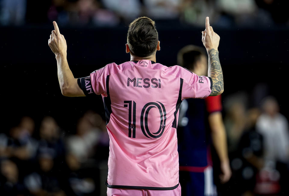 Inter Miami forward Lionel Messi (10) celebrates after scoring a goal in the second half against the New England Revolution at Chase Stadium on Oct. 19, 2024, in Fort Lauderdale, Florida. (David Santiago/Miami Herald/Tribune News Service via Getty Images)