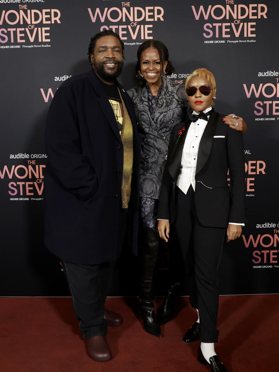 NEW YORK, NEW YORK - OCTOBER 02: (L-R) Questlove, Michelle Obama and Janelle Monáe attend as Audible And Higher Ground Host “The Wonder Of Stevie" Event At CultureCon on October 02, 2024 in New York City. (Photo by Jason Mendez/Getty Images for Audible)