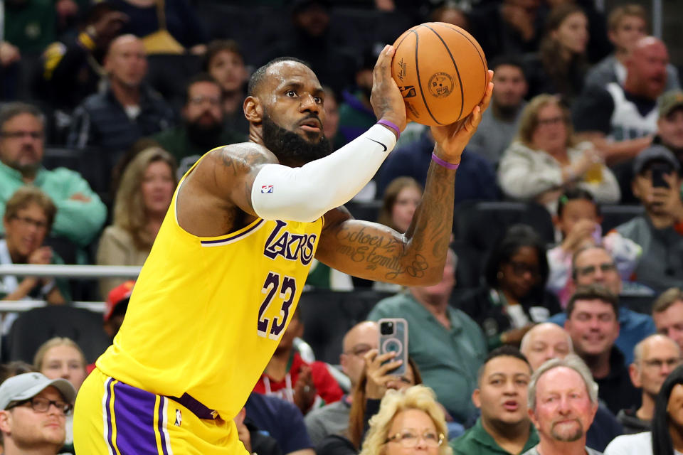 MILWAUKEE, WISCONSIN - OCTOBER 10: LeBron James #23 of the Los Angeles Lakers takes a shot during a preseason game against the Milwaukee Bucks at Fiserv Forum on October 10, 2024 in Milwaukee, Wisconsin.  NOTE TO USER: User expressly acknowledges and agrees that, by downloading and or using this photograph, User is consenting to the terms and conditions of the Getty Images License Agreement. (Photo by Stacy Revere/Getty Images)