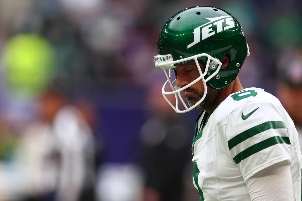 Oct 6, 2024; Tottenham, ENG; New York Jets Quarterback Aaron Rodgers (8) during a practice session before the match against Minnesota Vikings at Tottenham Hotspur Stadium. Mandatory Credit: Shaun Brooks-Imagn Images