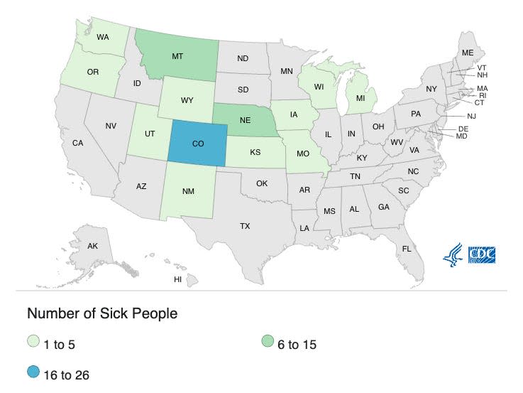 A CDC map showing the states where cases of E. coli have been linked to McDonald's, as of October 24, 2024.