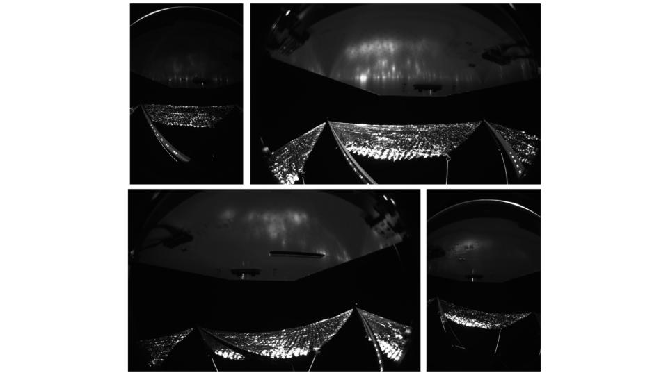  Four black and white photos showing closeup looks at a spacecraft in earth orbit. 