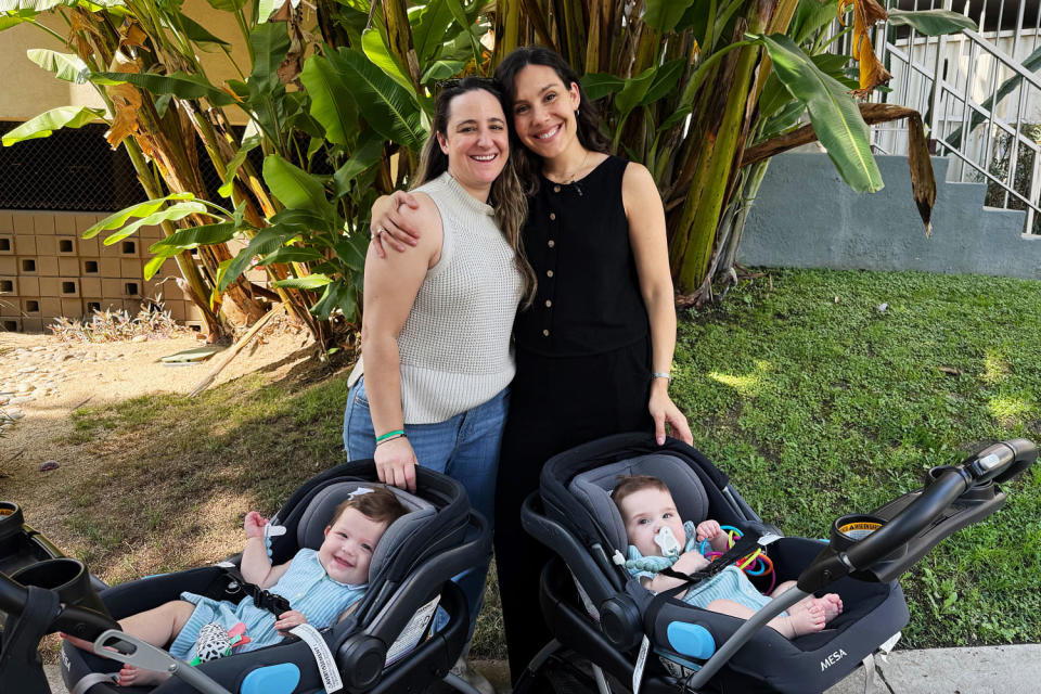 Ashley Louise and Claire Wasserman pose for a photo with their twins Antonia and Raphael. (Akshay Syal / NBC News)