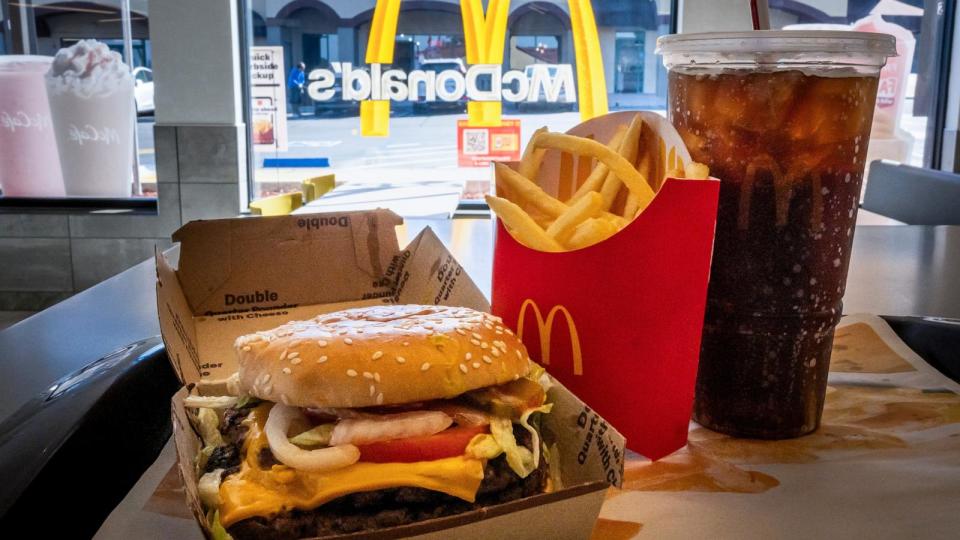 PHOTO: A double quarter pounder with cheese, fries, and a drink arranged at a McDonald's restaurant in El Sobrante, Calif., Oct. 23, 2024. (David Paul Morris/Bloomberg via Getty Images)