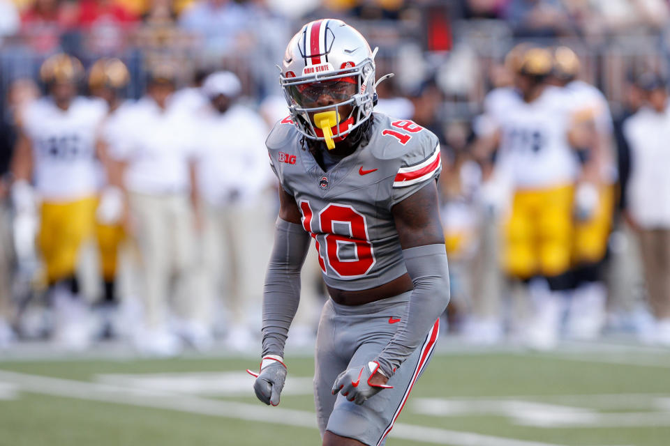 COLUMBUS, OH - OCTOBER 05: Ohio State Buckeyes cornerback Denzel Burke (10) reacts during the game against the Iowa Hawkeyes and the Ohio State Buckeyes on October 5, 2024, at Ohio Stadium in Columbus, OH. (Photo by Ian Johnson/Icon Sportswire via Getty Images)