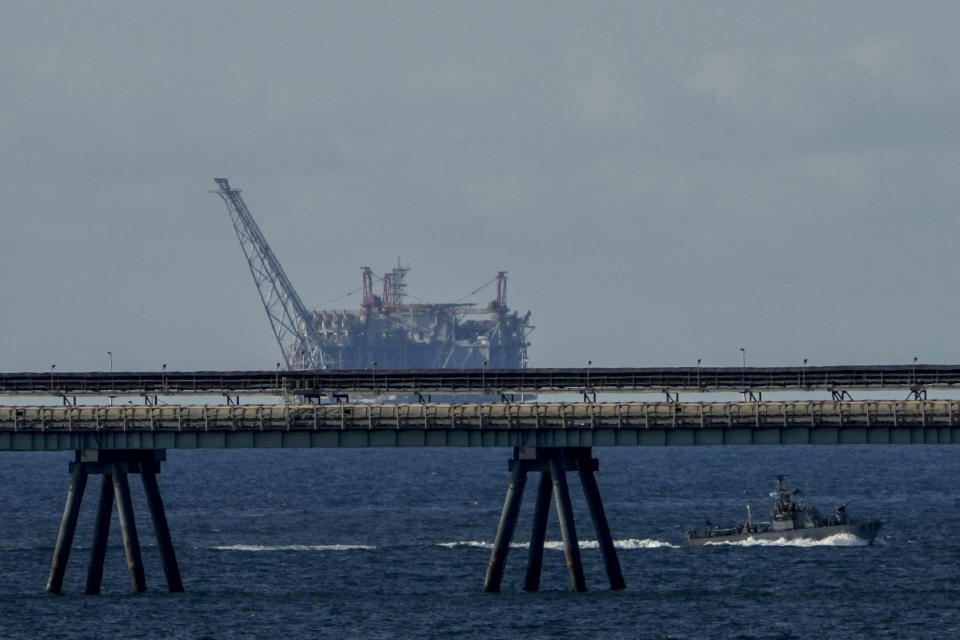 An oil platform in Israel's offshore Leviathan gas field is seen while an Israeli navy vessel patrols the Mediterranean Sea, Israel, Thursday, Sept. 19, 2024. (AP Photo/Ariel Schalit)