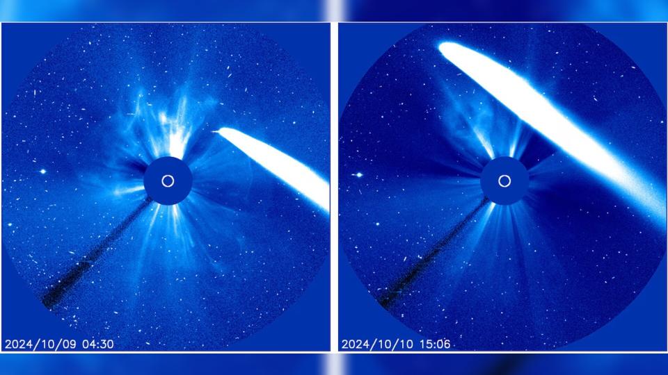  Two views of a coronagraph showing a very bright comet as a streak, moving through the image. 