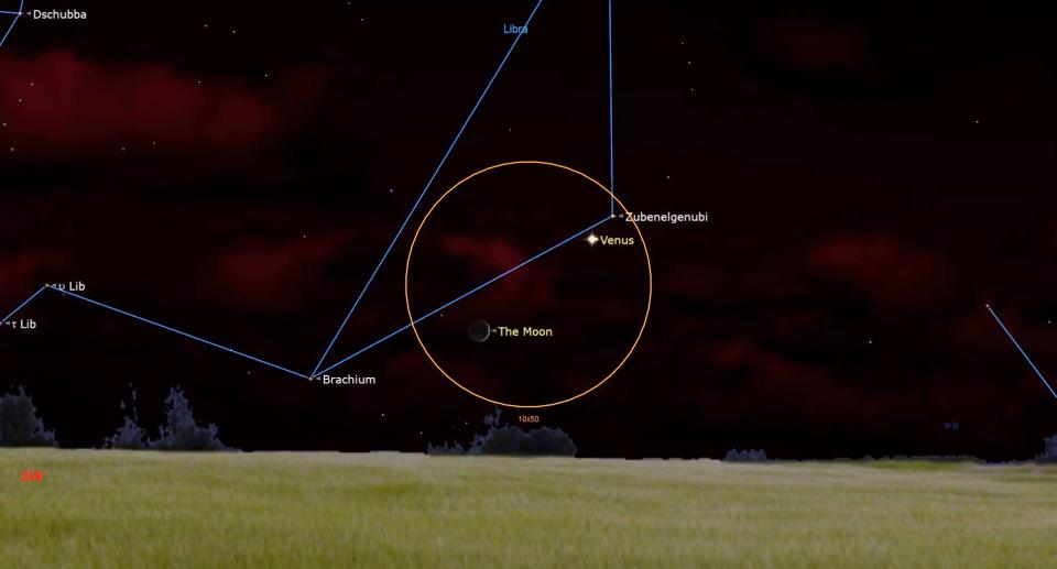  In an orange circle in a dark starry sky with red clouds, a crecent labeled moon and venus shine.Blue lines from a triangle intersecting the circle, tracing a constellation. 