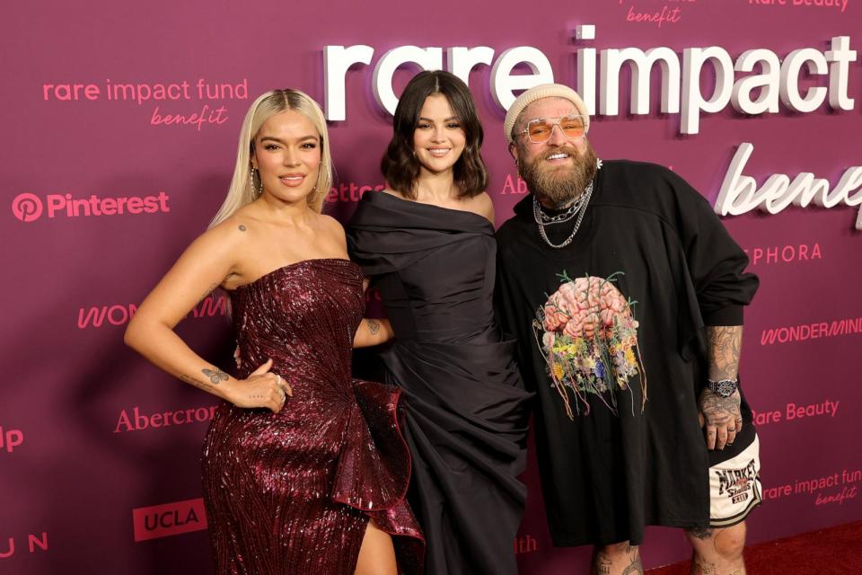 PHOTO: Karol G, Selena Gomez and Teddy Swims attend Selena Gomez's 2nd Annual Rare Impact Fund Benefit at Nya Studios on Oct. 24, 2024, in Los Angeles. (Kevin Winter/Getty Images)