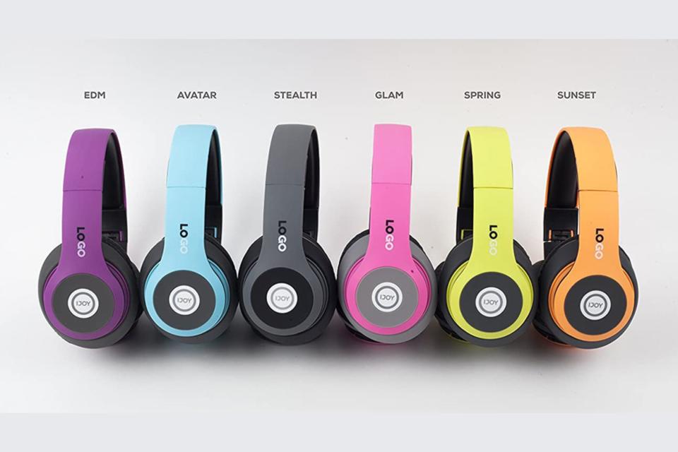 Row of six colorful headphones.