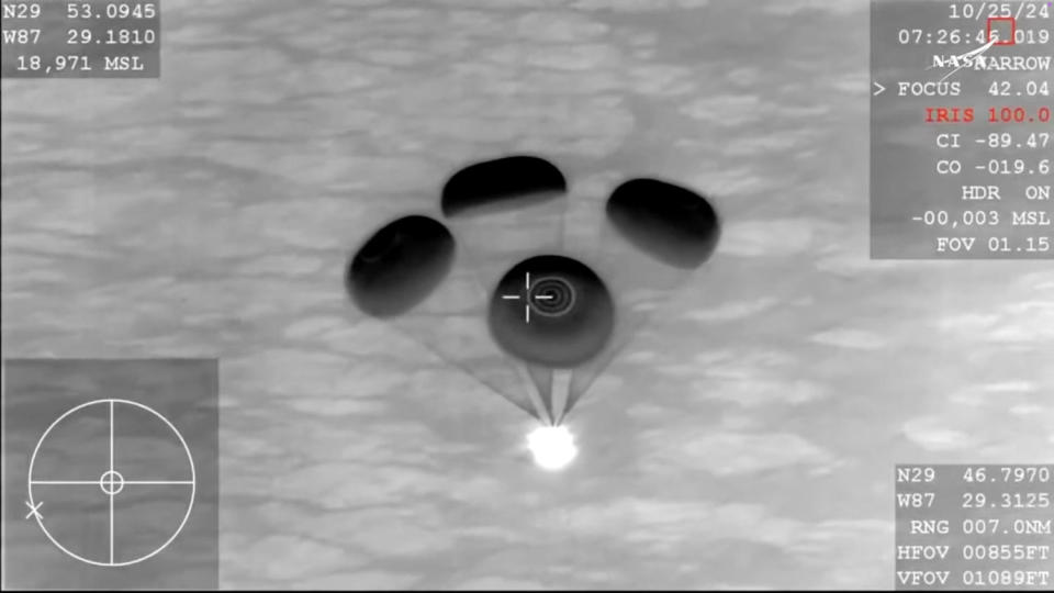 An infrared view of the Crew Dragon's descent to an on-target splashdown in the Gulf of Mexico south of Pensacola, Florida. / Credit: NASA TV