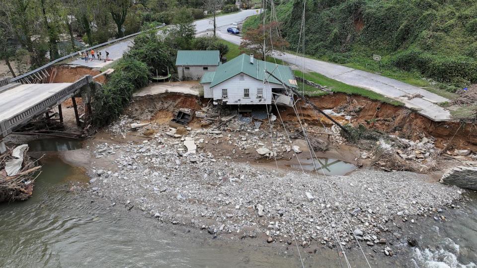 PHOTO: A drone view shows a destroyed building, following the passing of Hurricane Helene, in Bat Cave, North Carolina, Sept. 30, 2024.  (Marco Bello/Reuters)