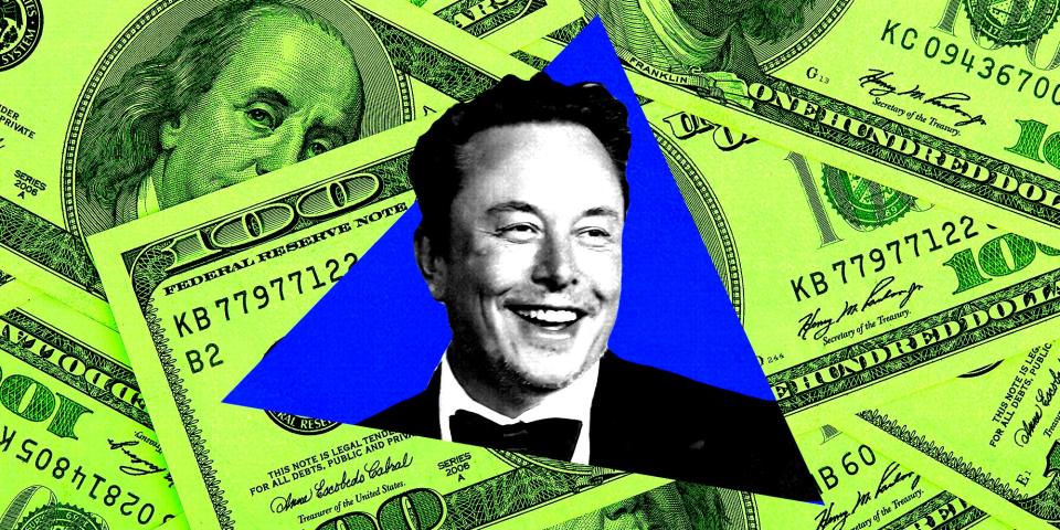 A photo of Elon Musk smiling against a backdrop of green $100 bills.