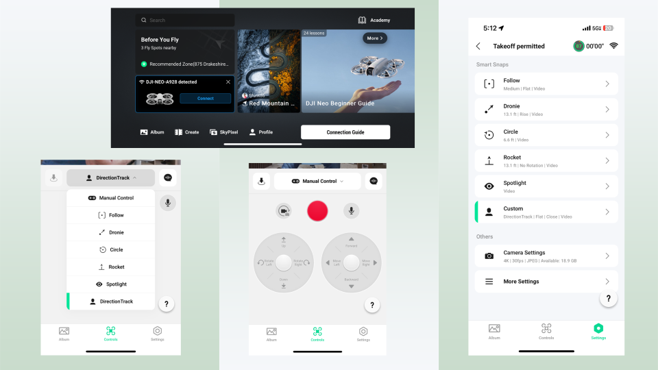 Screenshots from the DJI Fly app.