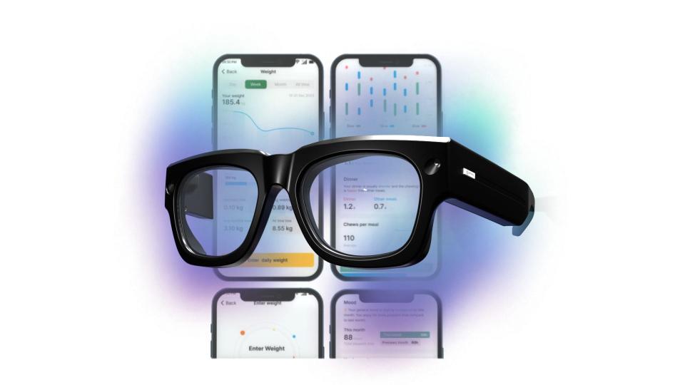 A graphic showing Sense glasses with the app tracking data in the background.