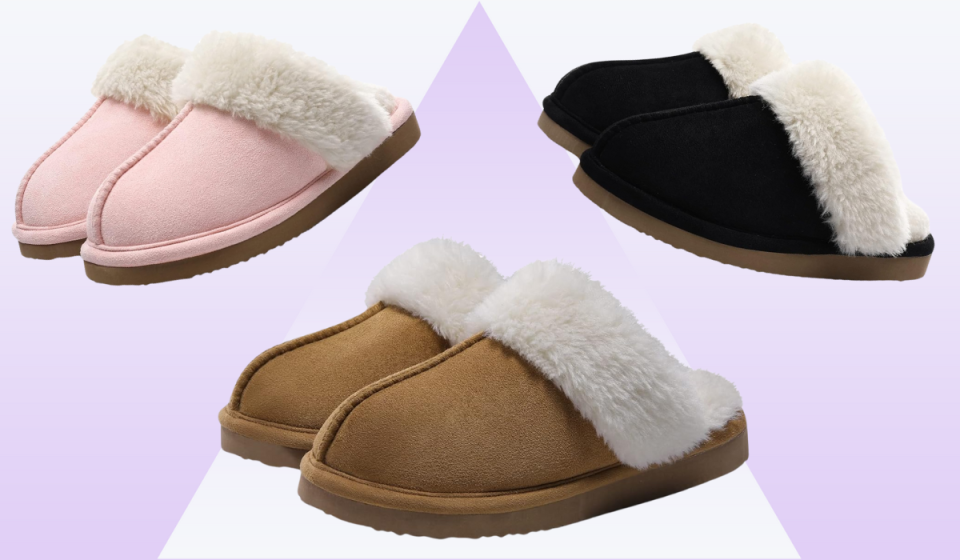 fur-lined slippers in pink, brown and black