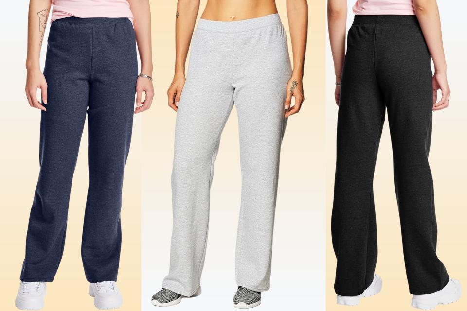 Three pairs of sweatpants in navy, gray and black.